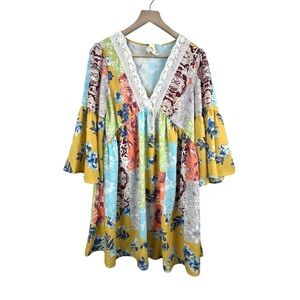 UMGEE‎ Boho Hippie Babydoll Floral Print Peasant Lagenlook Tunic Mini Dress Sz S